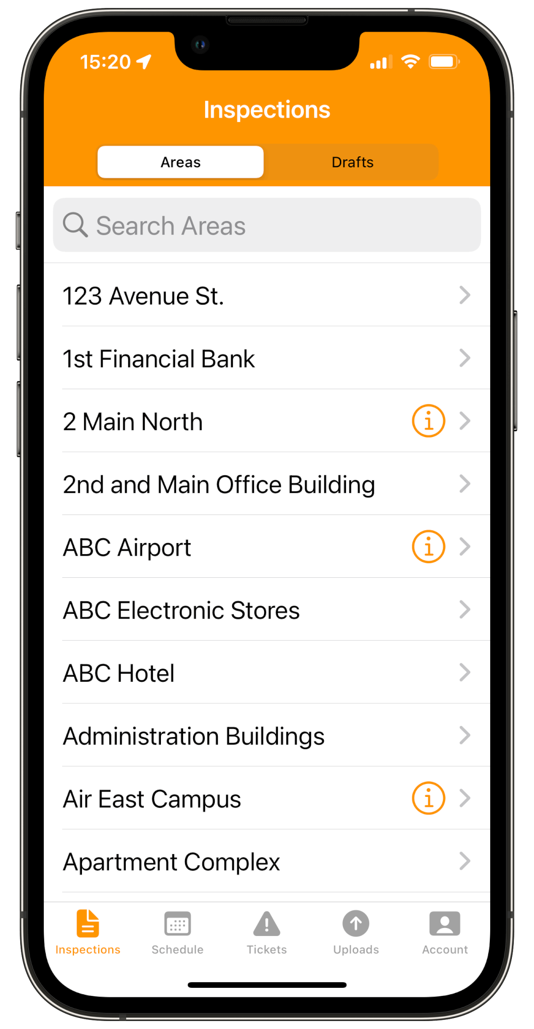 Mobile inspections list view