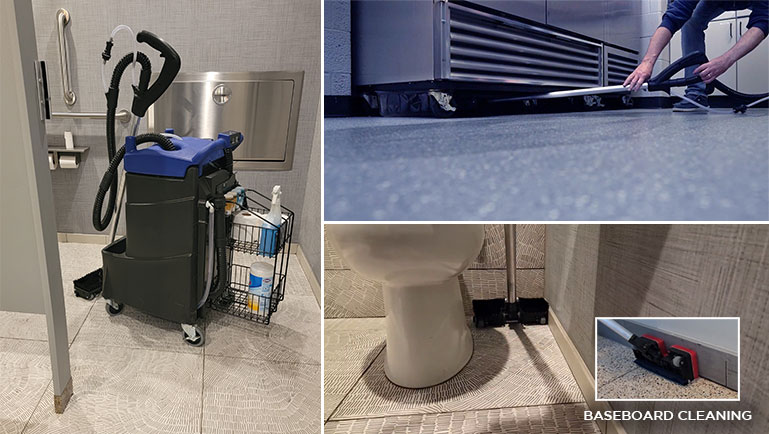 Quick Scrub cleaning under freezer and around commode baseboard